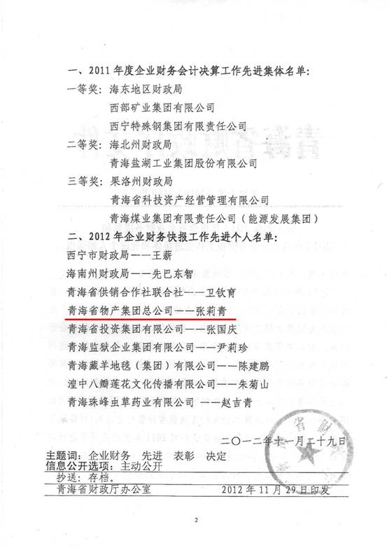 物產(chǎn)集團榮獲2011年度財務決算先進單位、2012年度財務快報工作先進個人表彰